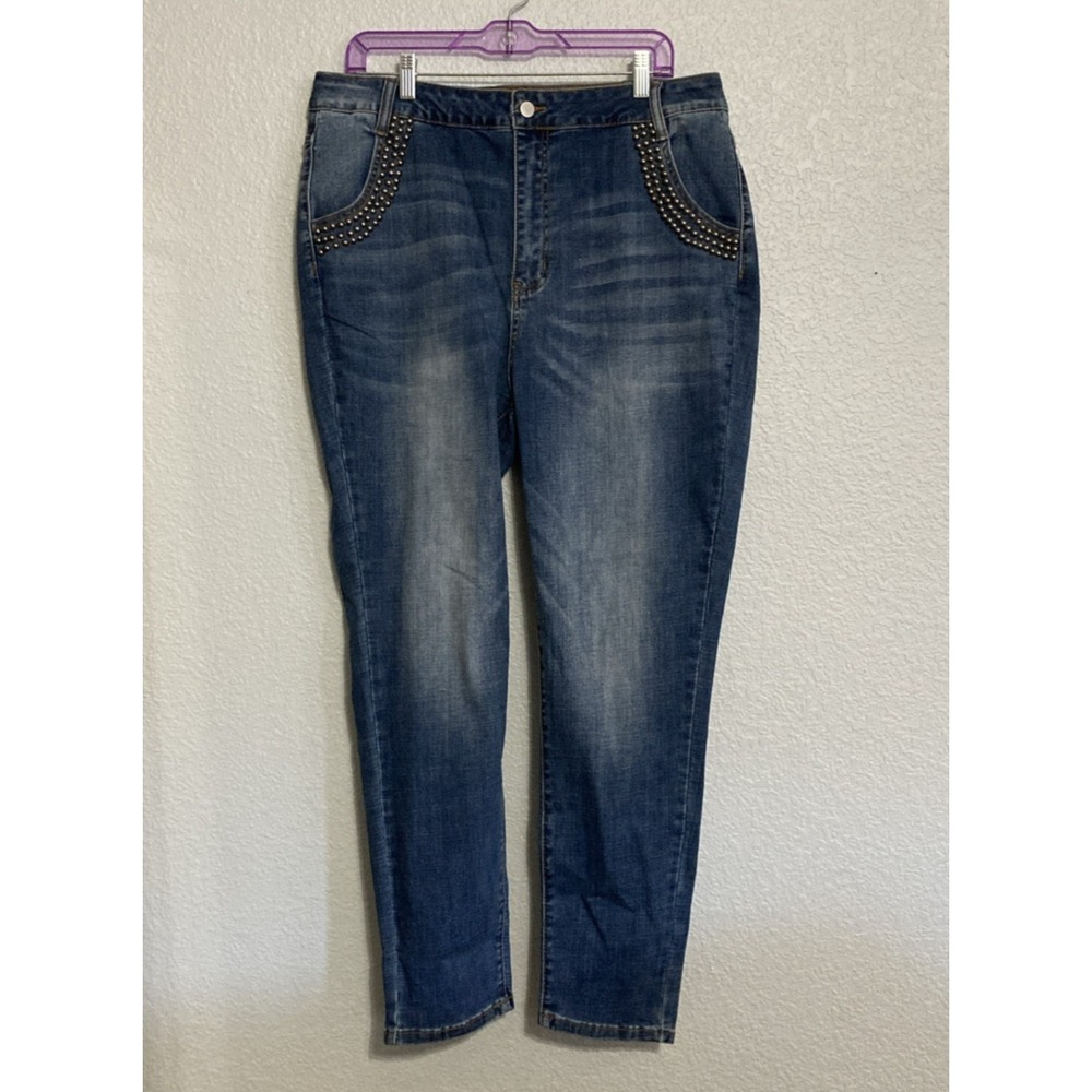 NWT Vocal Women's Medium Blue Studded Pocket‎ Stretch Skinny Jeans - SZ 2X